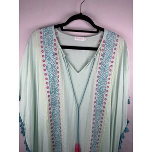 Spartina 449 Kaftan Swim Beach Teal Pink Tassel Cover Up OS One Size BOHO